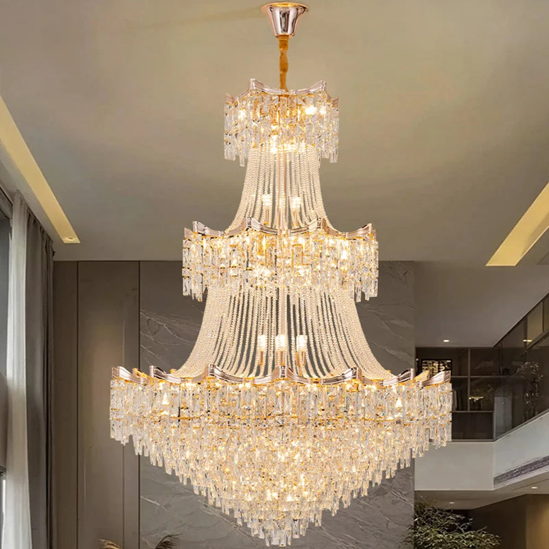 Luxurious crystal chandelier hanging in a room with modern decor.