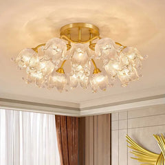 “Modern bedroom flush mount light with sculpted glass shades”