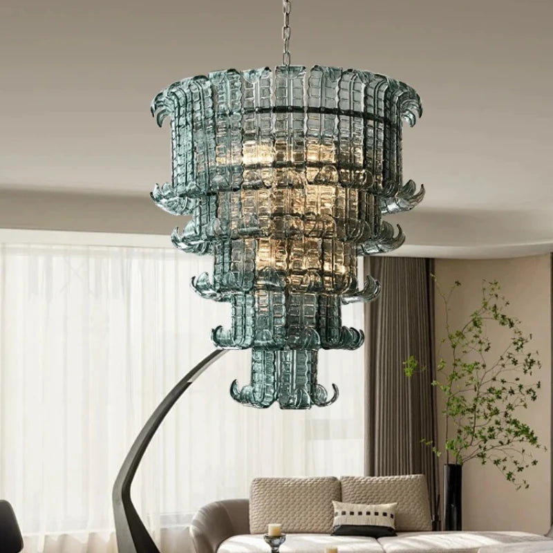 “Luxury blue glass chandelier, handblown art flush mount for living room”