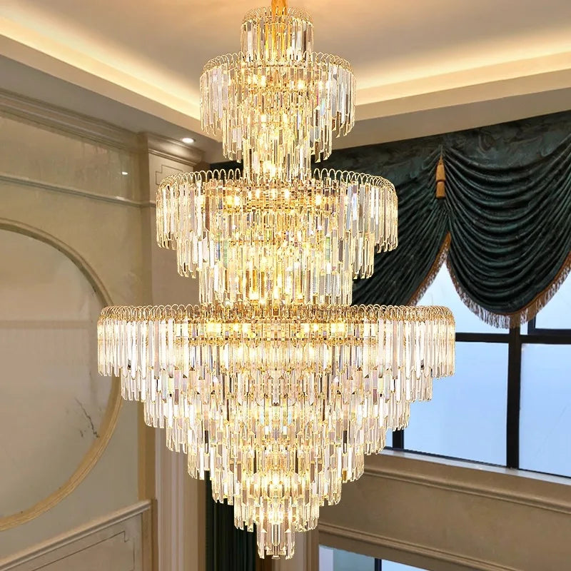 Elegant multi-tier chandelier lighting up a modern living room