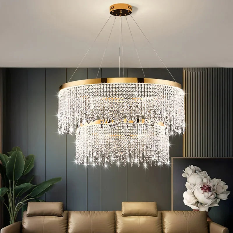 Crystal ring chandelier suspended from a ceiling in a living room