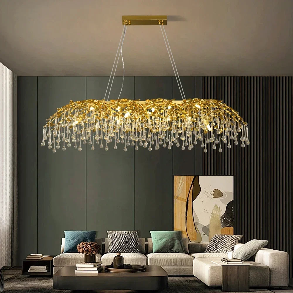 “Luxury gold crystal chandelier with polished aluminum finish”