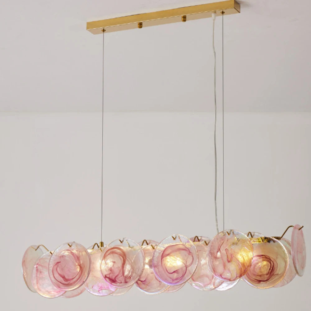 “Liglite luxury chandelier with pink glass disks and LED bulbs”