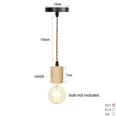 Pendant light with wooden shade and measurement details on a white background