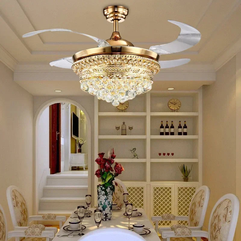 “Modern crystal fan light with gold and acrylic accents”