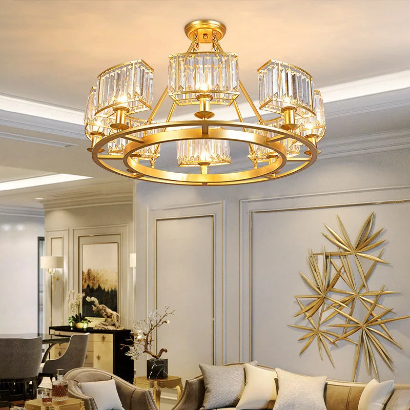 Modern crystal chandelier installed as living room ceiling centerpiece with ring frame