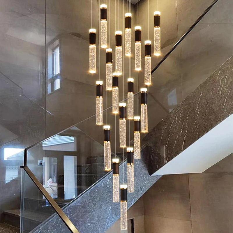 “Modern home crystal staircase chandelier, multi-tier dimmable LED, 3-year warranty”