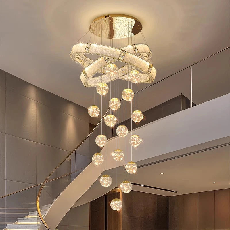 Modern crystal pendant light fixture creating a statement in an open interior