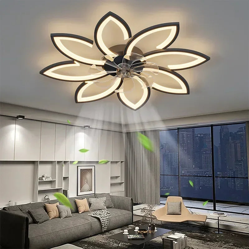 Modern flower-shaped LED ceiling fan lamp illuminating a luxury living room