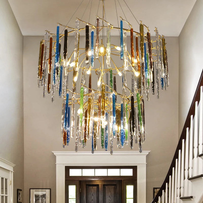 “Modern LED flush mount chandelier with gold frame and crystal rods”