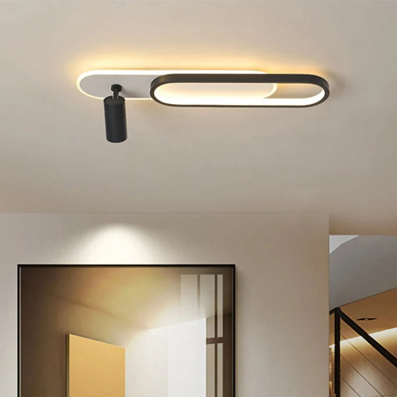 Modern surface-mounted ceiling lamp combining linear light and spotlights