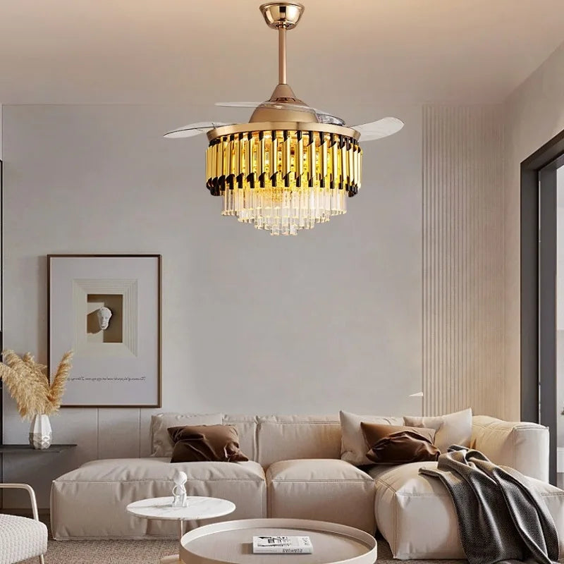 “Luxury LED ceiling fan light with crystal tiers and remote control.”