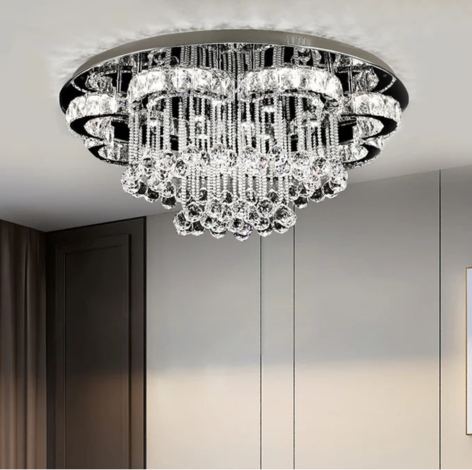 “Modern LED crystal ceiling lamp with round disc design”