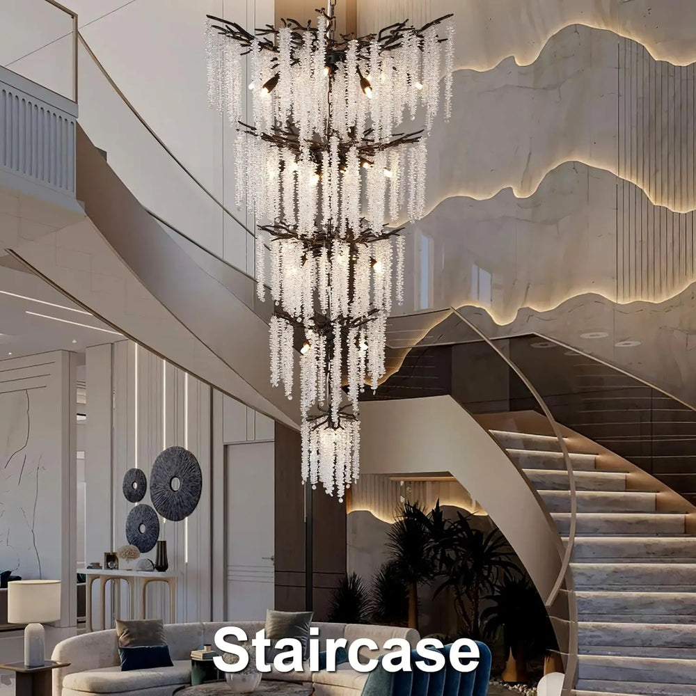 High ceiling crystal hanging chandelier designed for entryway lighting