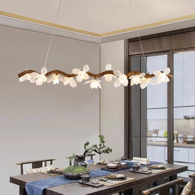 “Modern walnut chandelier for dining room interior”
