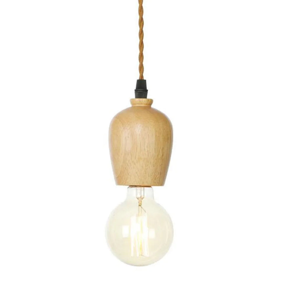 Wooden pendant light with a bulb on a white background