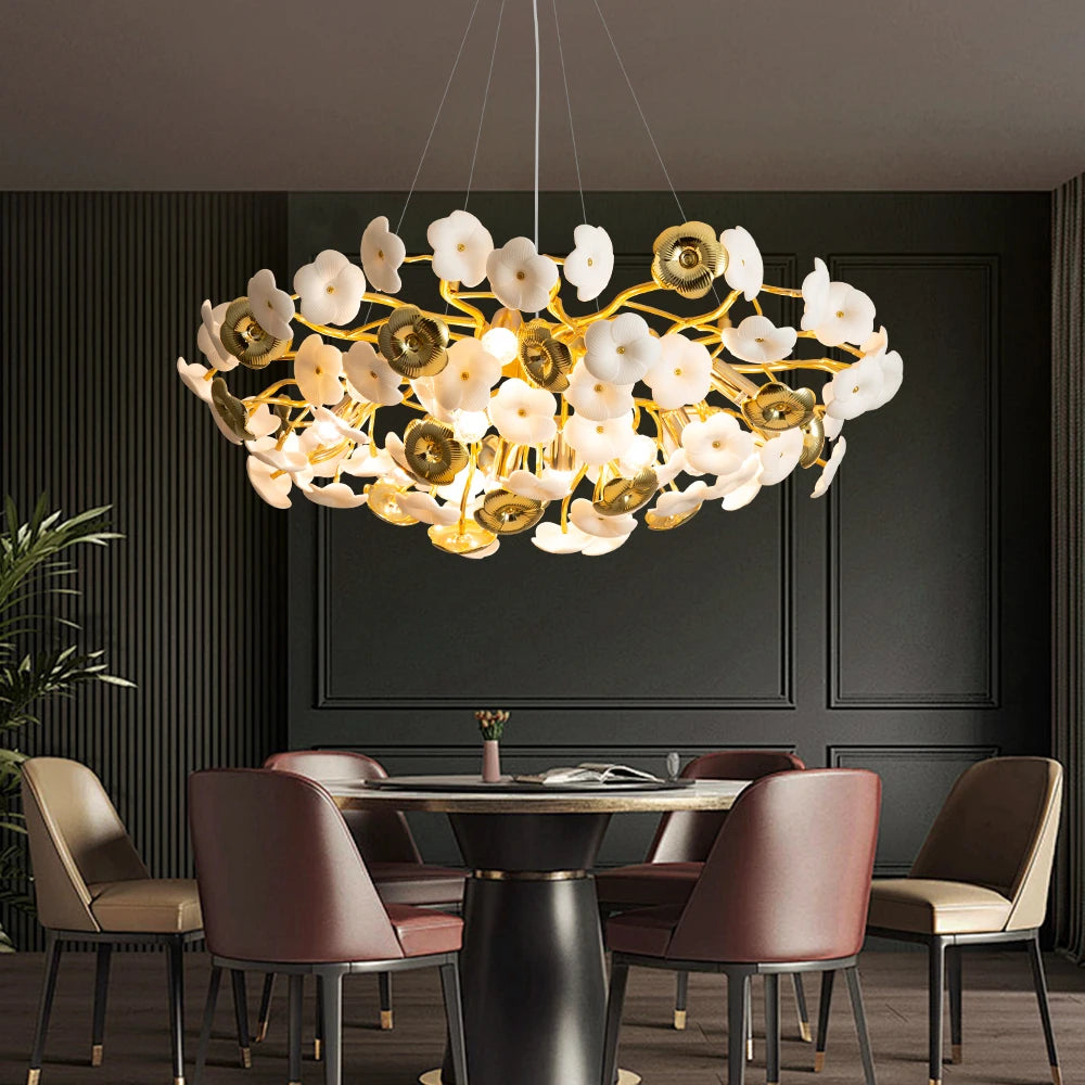 “Nordic ceramic flower chandelier with white lampshades”