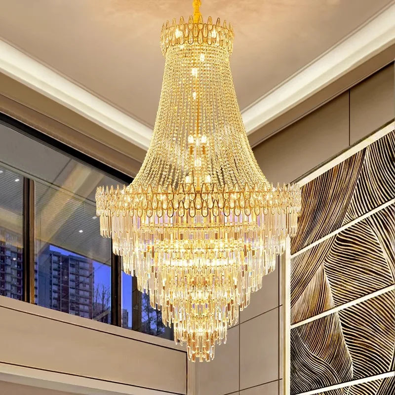 Majestic crystal chandelier illuminating a villa’s modern living space