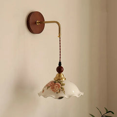 “Nordic floral ceramic wall lamp, hand-painted roses, E27, copper/wood base, 3-year warranty”