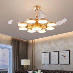 Gold ceiling fan with light fixture in a living room setting