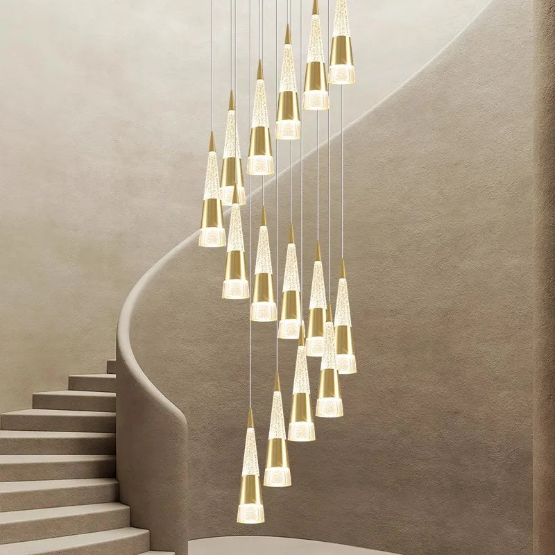 “Nordic multi-light staircase pendant lamp, modern gold cones, 3-year warranty”