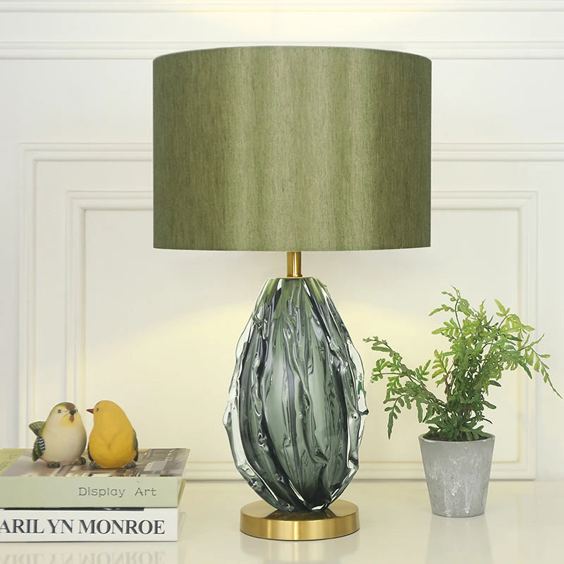 “Nordic green glass table lamp with designer hand-glazed base”