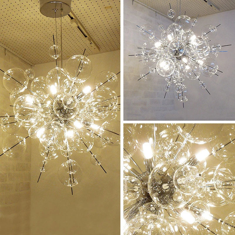 Collage of three images showing a modern chandelier with glass bubbles and metal accents.