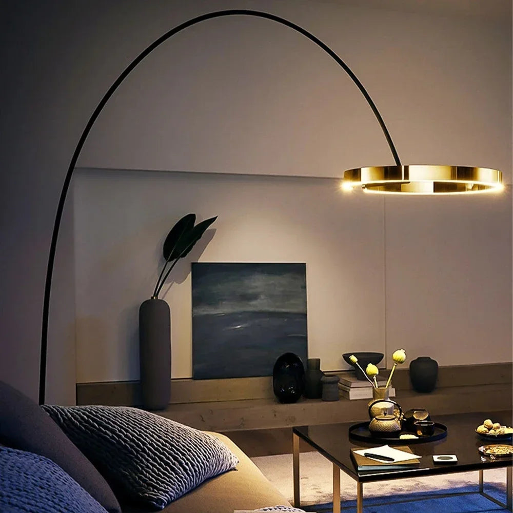 “Nordic ring arc floor lamp with gold LED ring and modern arc design”