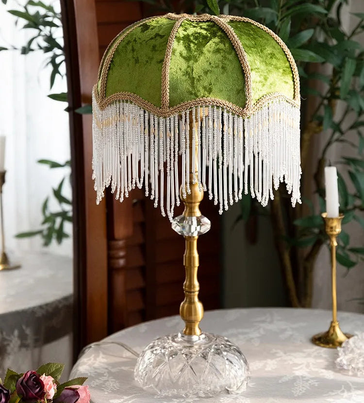“Ornate gold LED desk lamp with luxury hand-knitted shade”