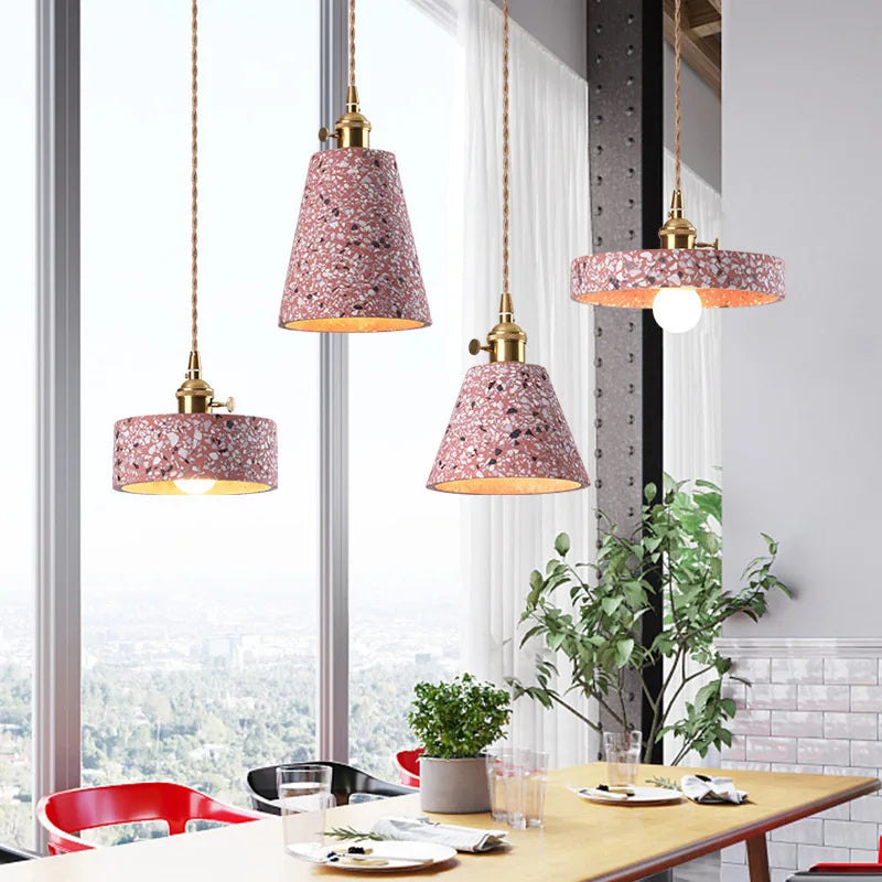 “Pink terrazzo pendant lamp, wabi sabi modern style, copper accent, E27”