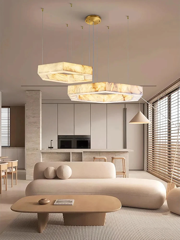 Marble ring pendant light styled in a contemporary interior setting