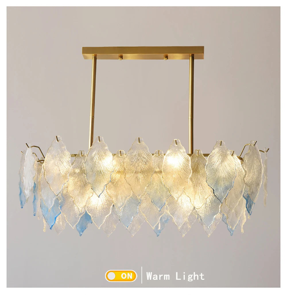 Polished steel chandelier with up & down stained glass shades for versatile ceiling lighting