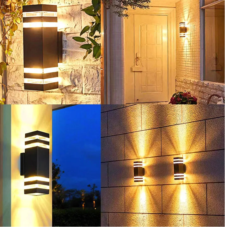 “Modern outdoor porch light casting up and down illumination.”
