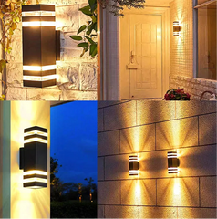 “Modern outdoor porch light casting up and down illumination.”