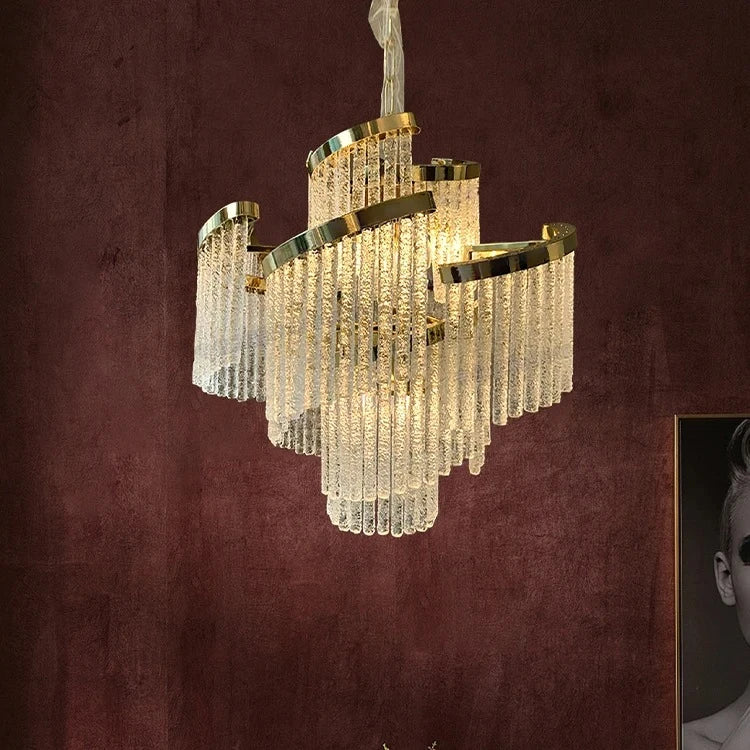 “Statement ceiling chandelier casting a warm glow in an elegant living room interior.”