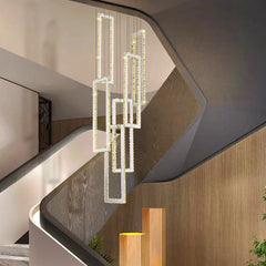 “Remote control dimmable modern stair chandelier, adjustable luxe staircase decor”