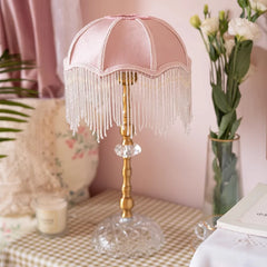 “Princess room retro bedside light with pink fabric fringe shade”