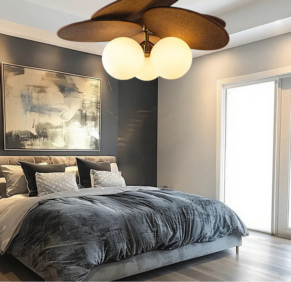 Woven shade pendant chandelier with three lights for bedroom ceiling ambience