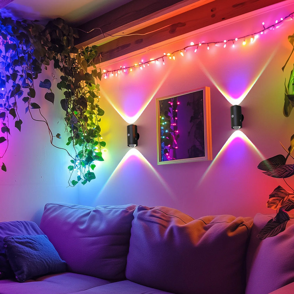 “Rechargeable motion sensor wall light creating colorful up-and-down beams in a cozy room.”