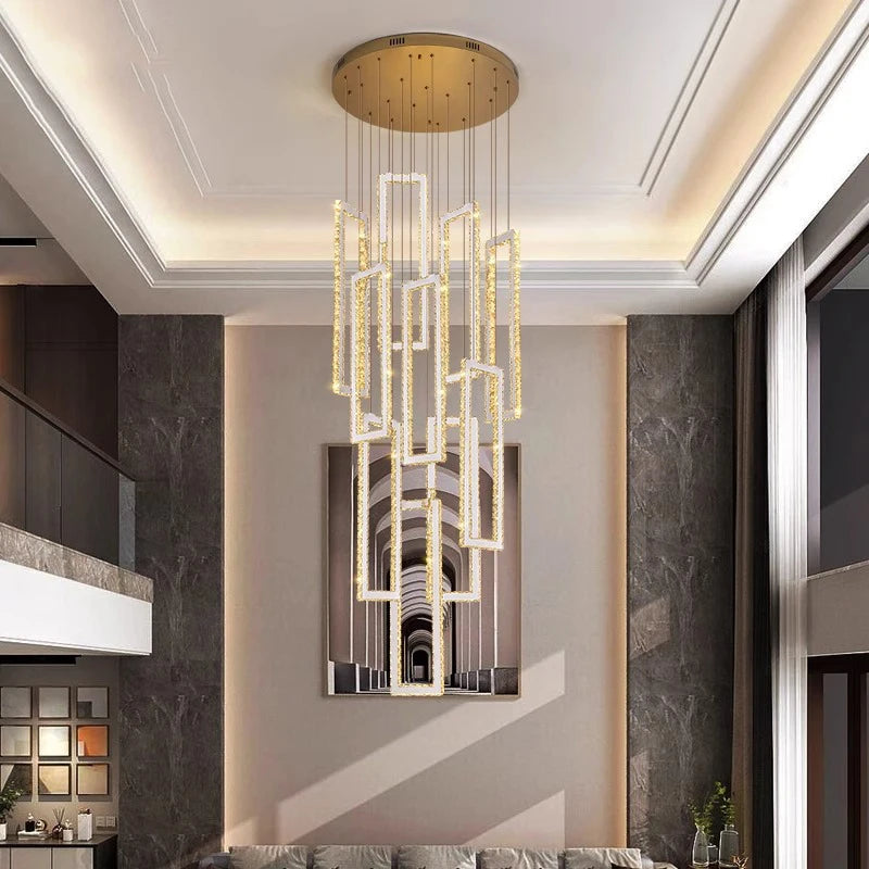 “Cascading rectangular frame crystal chandelier for luxury modern foyers or penthouses”