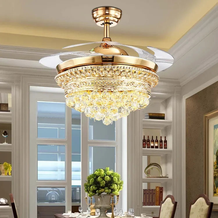“Remote control LED fan chandelier with retractable blades”