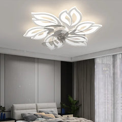 Dimmable LED ceiling light with integrated fan, showcasing elegant lighting and air flow