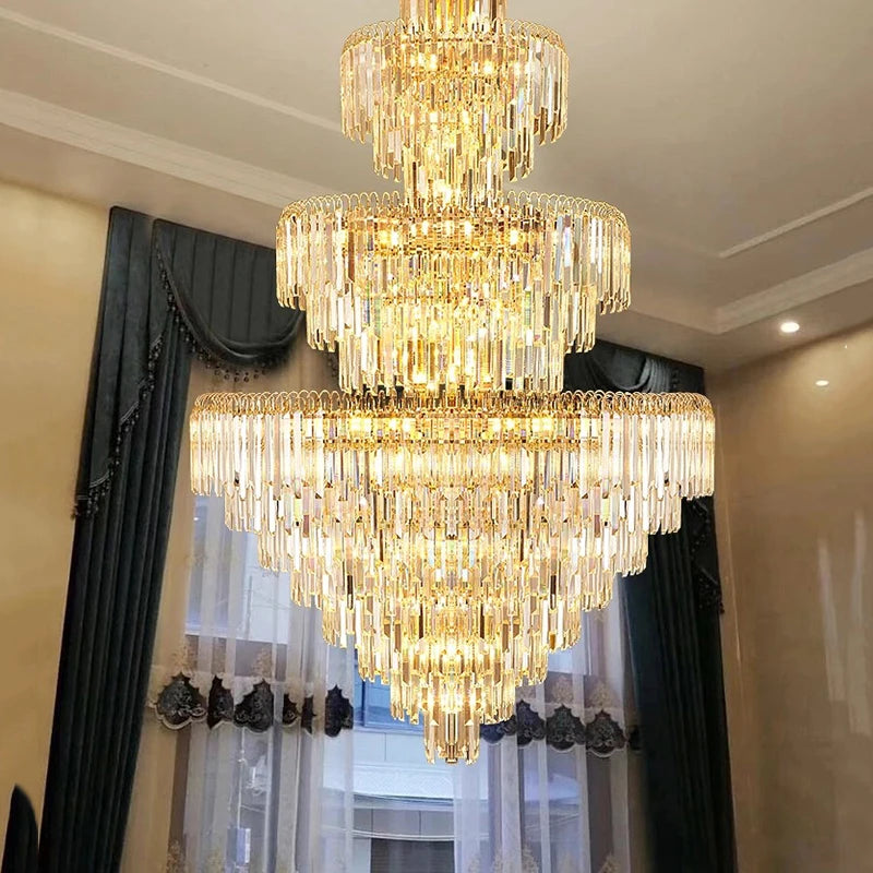 Remote control for dimmable LED chandelier installed in contemporary home