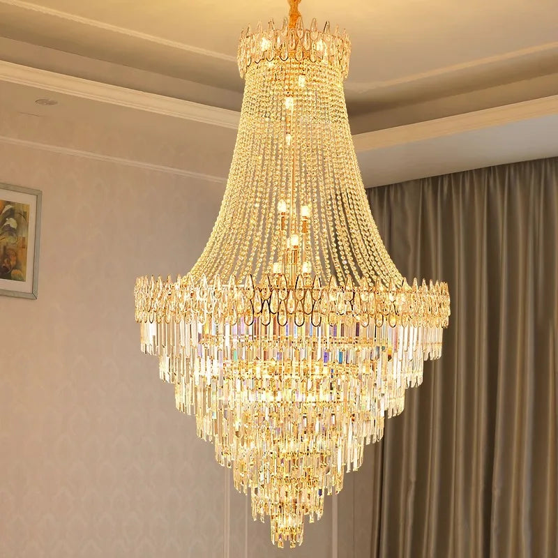 Elegant chandelier with crystal details above a contemporary dining area