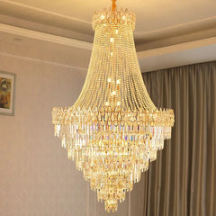 Elegant chandelier with crystal details above a contemporary dining area