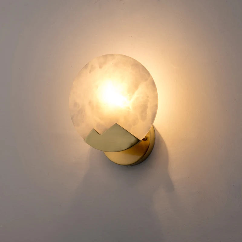Round marble style LED wall light with copper body for hallway and corridor walls