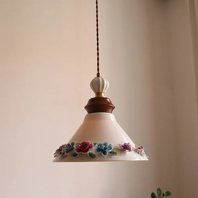 “Romantic sculpted ceramic suspended lamp with pastel flowers for living or bedroom”