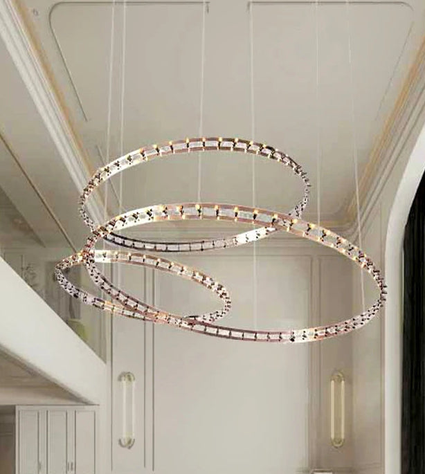 Shadeless G4 base spiral ring lamp casting ambient light across a designer loft