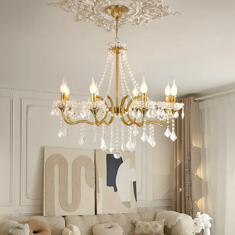 “Six-light white crystal bedroom chandelier for boutique interiors”