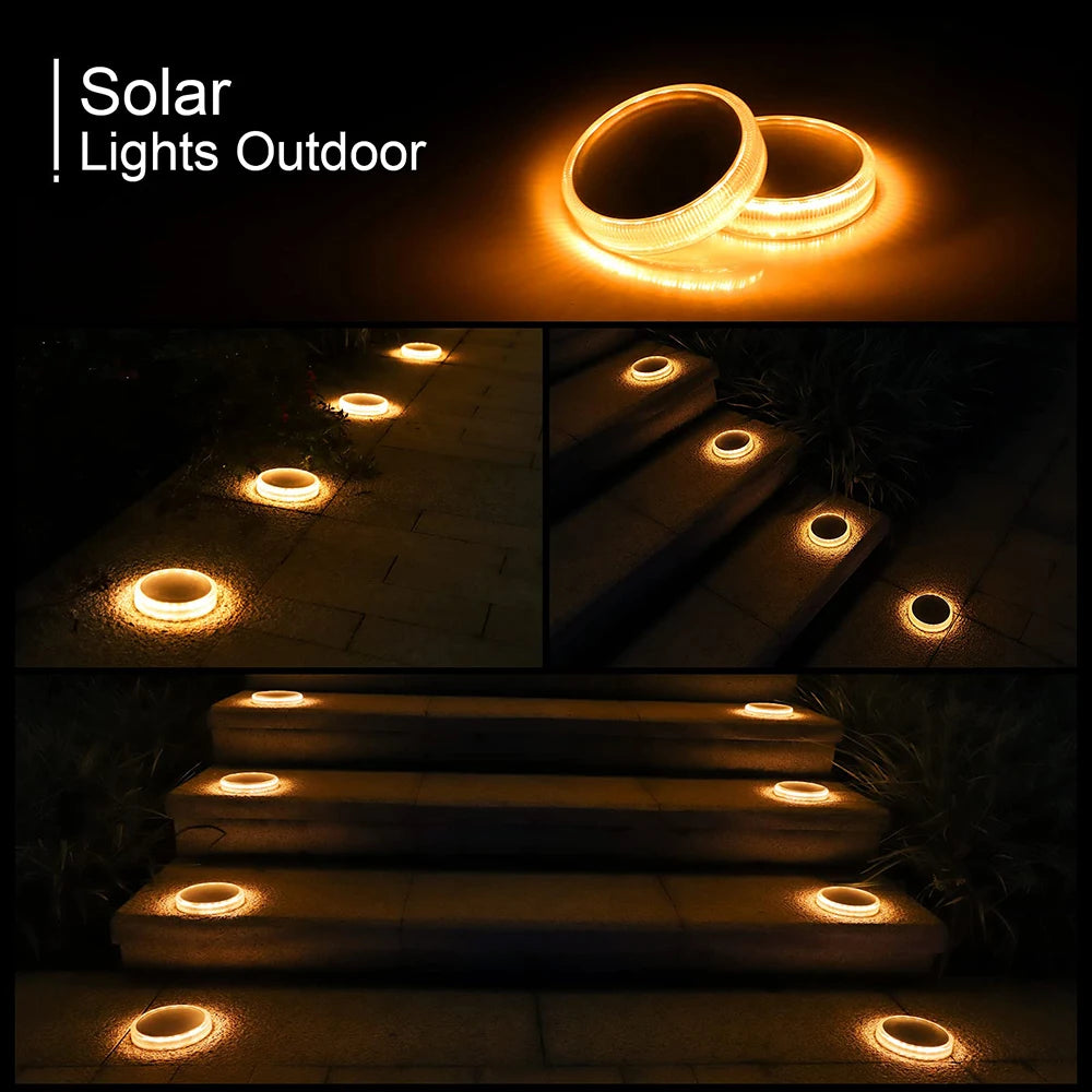 “Warm white circular solar lights illuminating outdoor garden steps at night.”